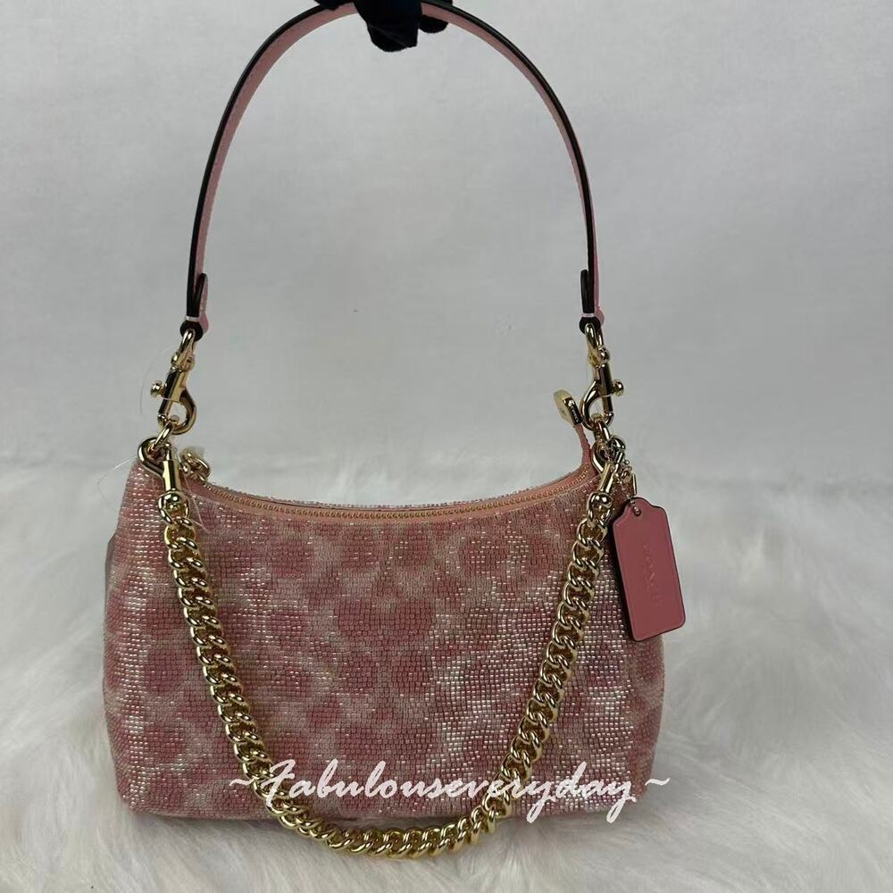 Coach Teri Shoulder Bag In Signature Satin CET14 Beaded Signature/Gold/Pink NWT